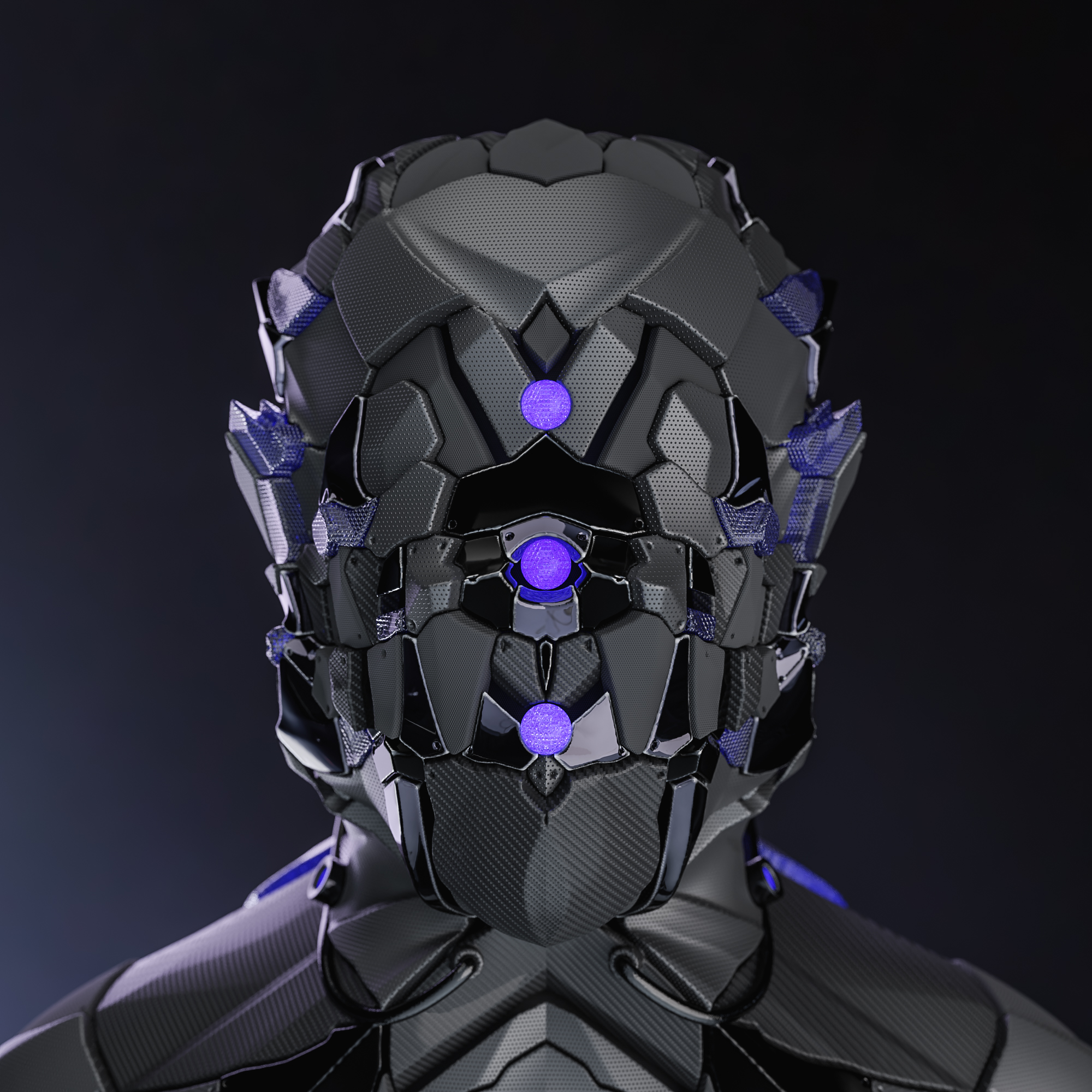 Metallic futuristic helmet with purple accents facing head-on.